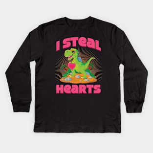 I Steal Hearts Valentines Day Dinosaur T-Rex Kids Long Sleeve T-Shirt